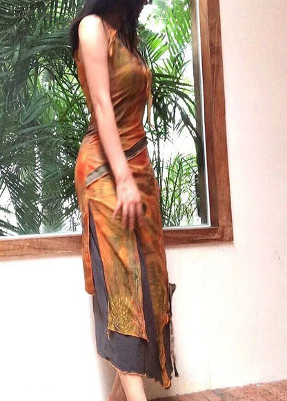 V Neck Asymmetrical Print Tulle Patchwork Long Spaghetti Strap Dress Summer
