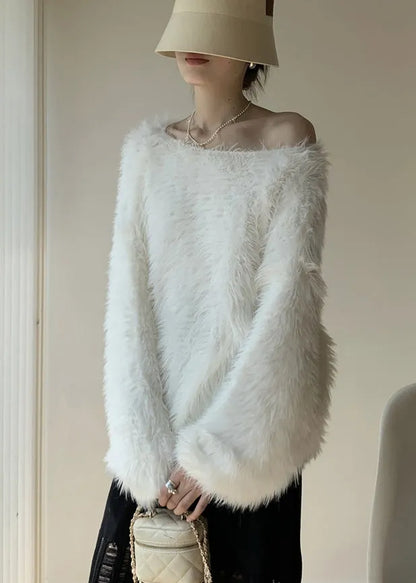 Simple White O-neck Mink Velvet Knit Sweater Winter