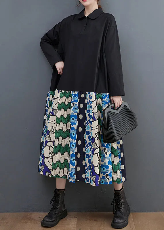 Black Patchwork Cotton a Line Dress Oversized Print Fall