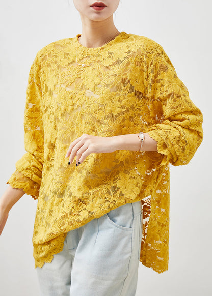 Yellow Hollow Out Side Open Lace Top Summer