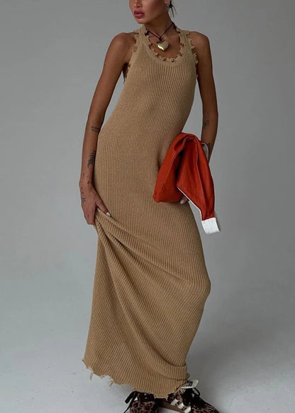 Slim Fit Khaki O Neck Knit Maxi Dresses Sleeveless