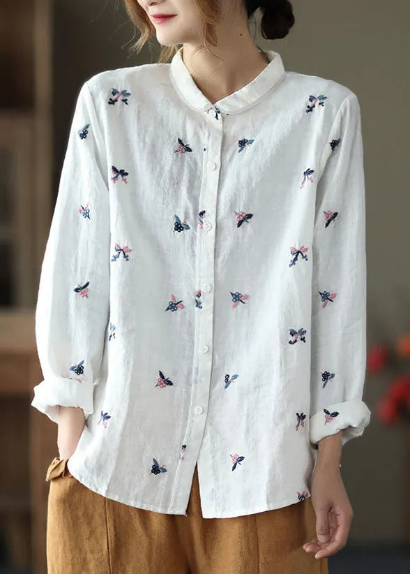 White Peter Pan Collar Embroidered Patchwork Linen Top Spring