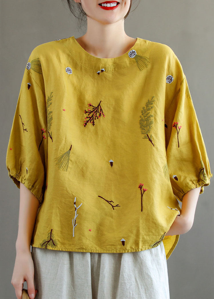 Yellow O-neck Embroidered Patchwork Linen T Shirts Summer