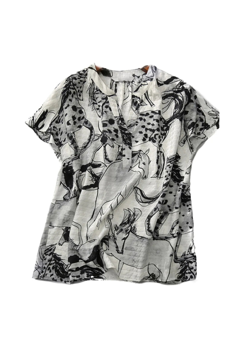 New V Neck Print Chiffon Tops Summer