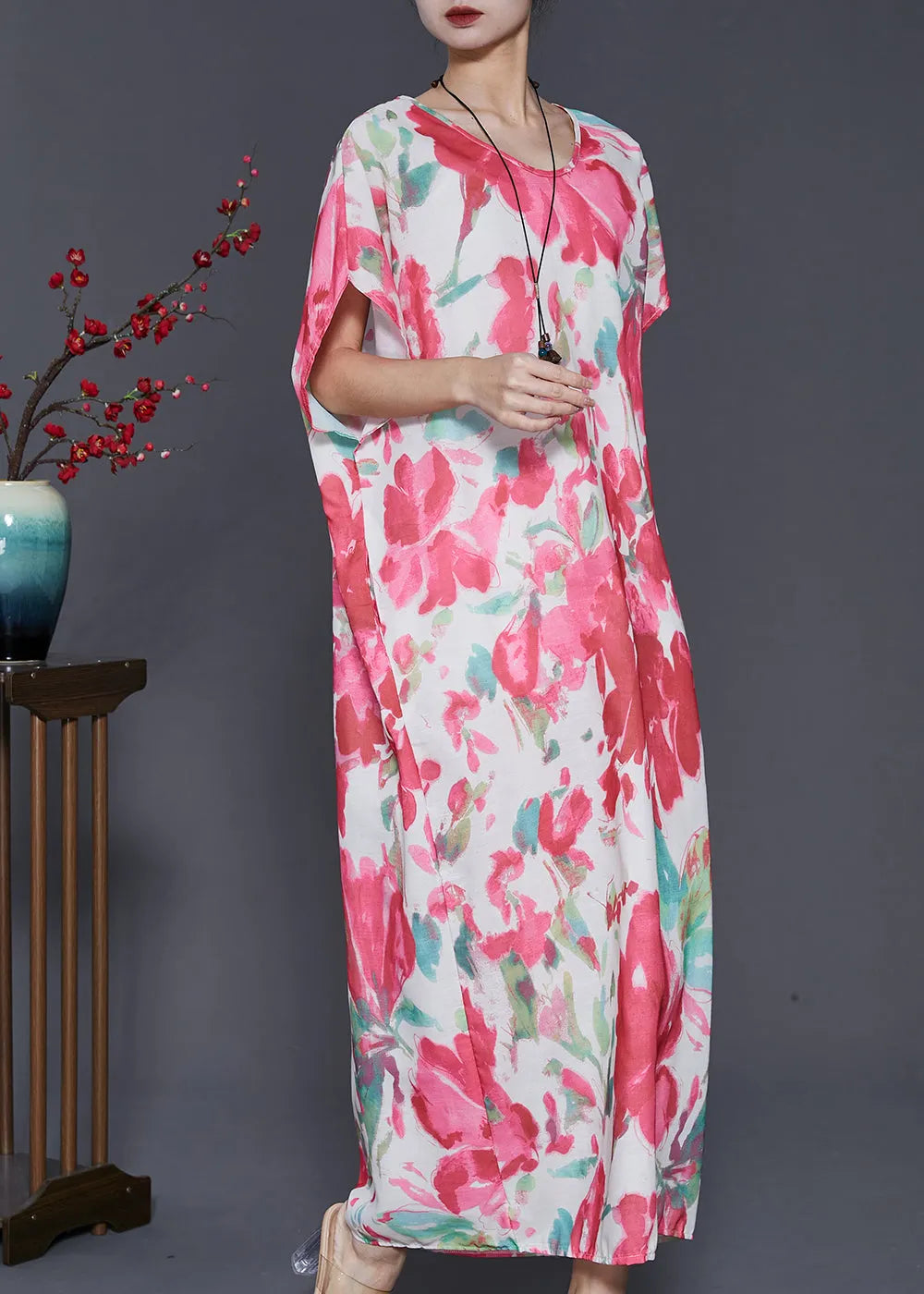 Pink Oversized Print Cotton Vacation Dresses Summer