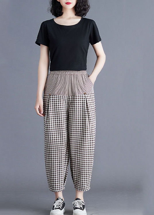 Khaki Plaid Elastic Waist Patchwork Linen Harem Pants Summer