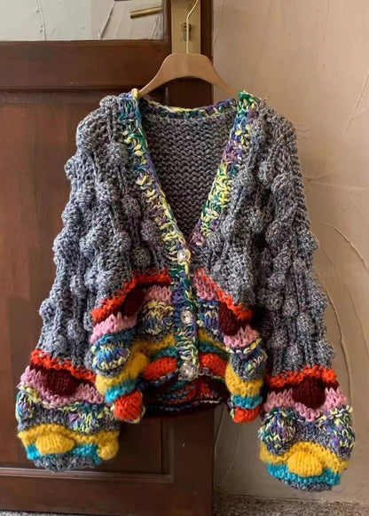 Grey V Neck Button Cotton Knit Coat Winter