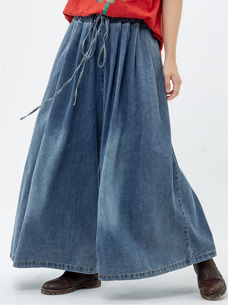 Drawstring Blue Denim Wide Leg Pants Jeans