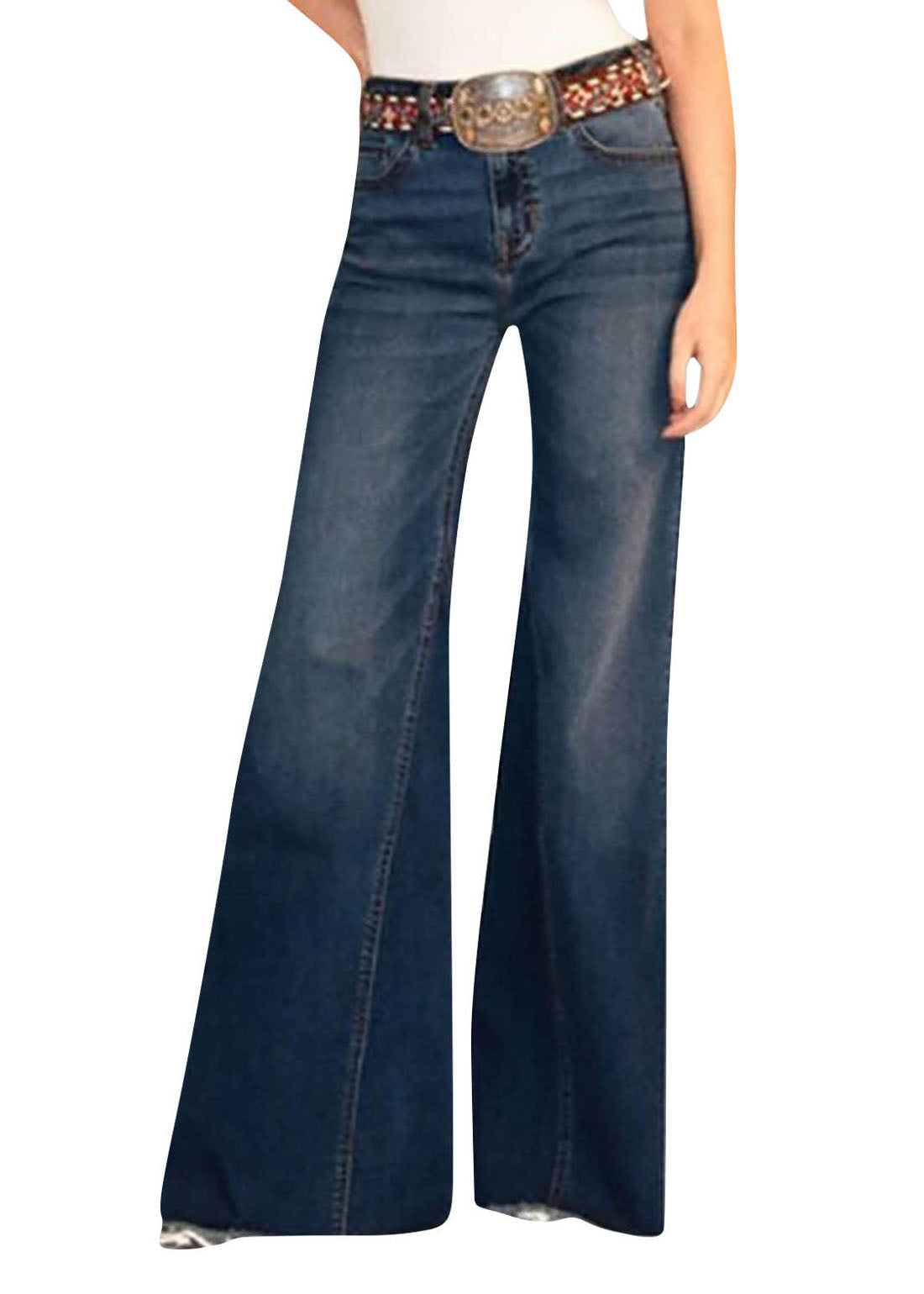 Blue Pockets Patchwork Denim Wide Leg Pants Summer