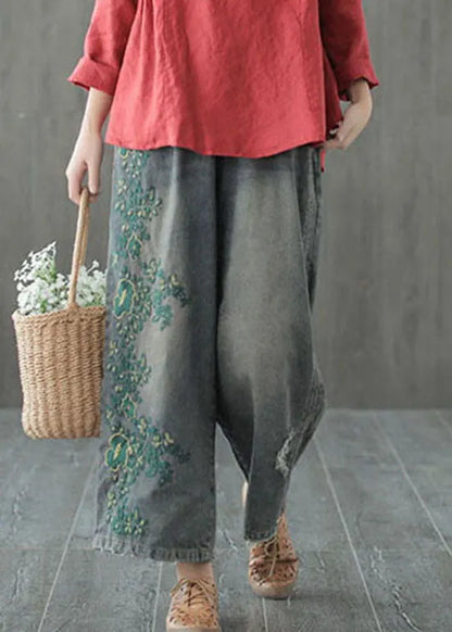 Blue Hole Embroidered Denim Cotton Wide Leg Pants Spring