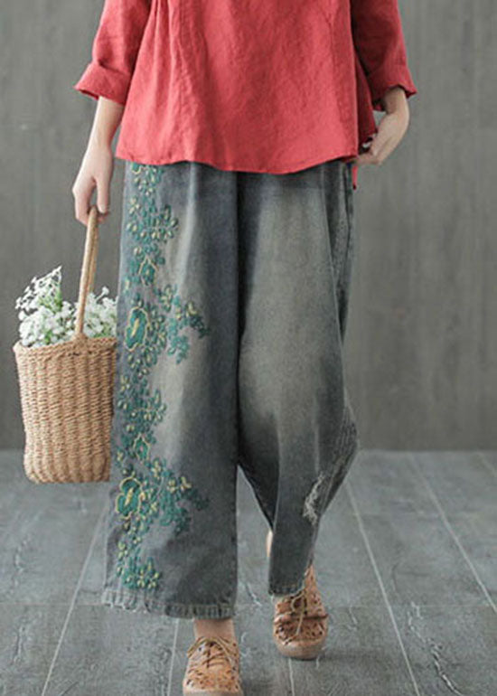 Blue Hole Embroidered Denim Cotton Wide Leg Pants Spring