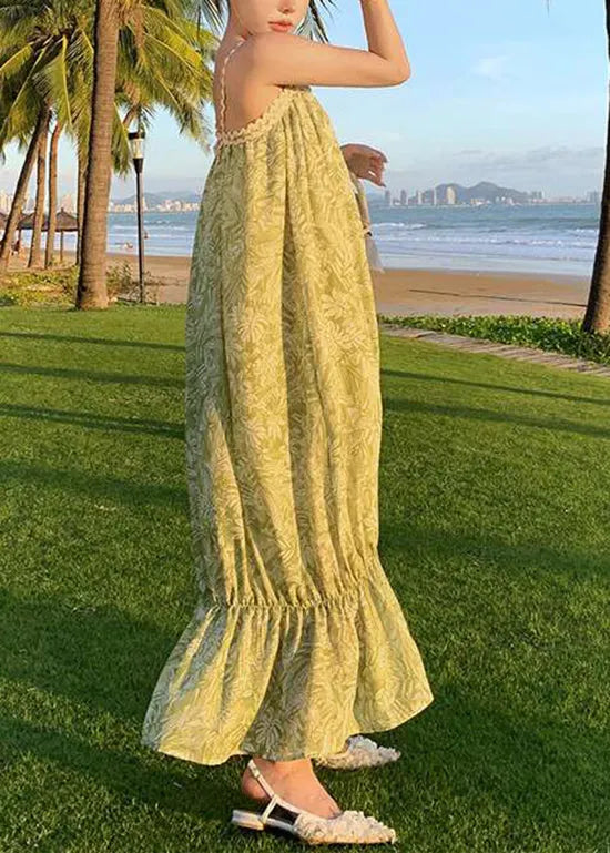 Green Print Cotton Spaghetti Strap Dress Summer