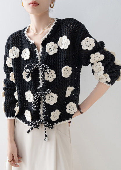 Diy Black Decorated Hollow Out Knit Cardigan Spring