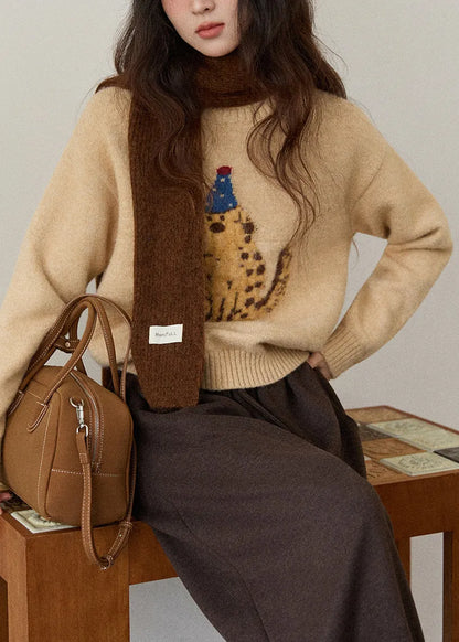 Khaki O Neck Animal Knit Sweater Winter