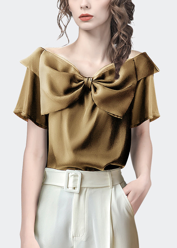 Fashionable Camel Short Sleeved Bow Neckline Shirt Top