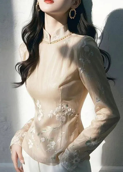 Chinese Style Apricot Stand Collar Embroidered Slim Tulle Top Fall