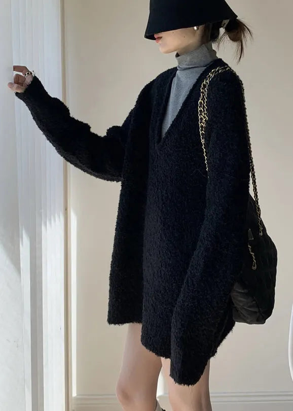 Simple Black V Neck Knit Sets 2 Pieces Winte