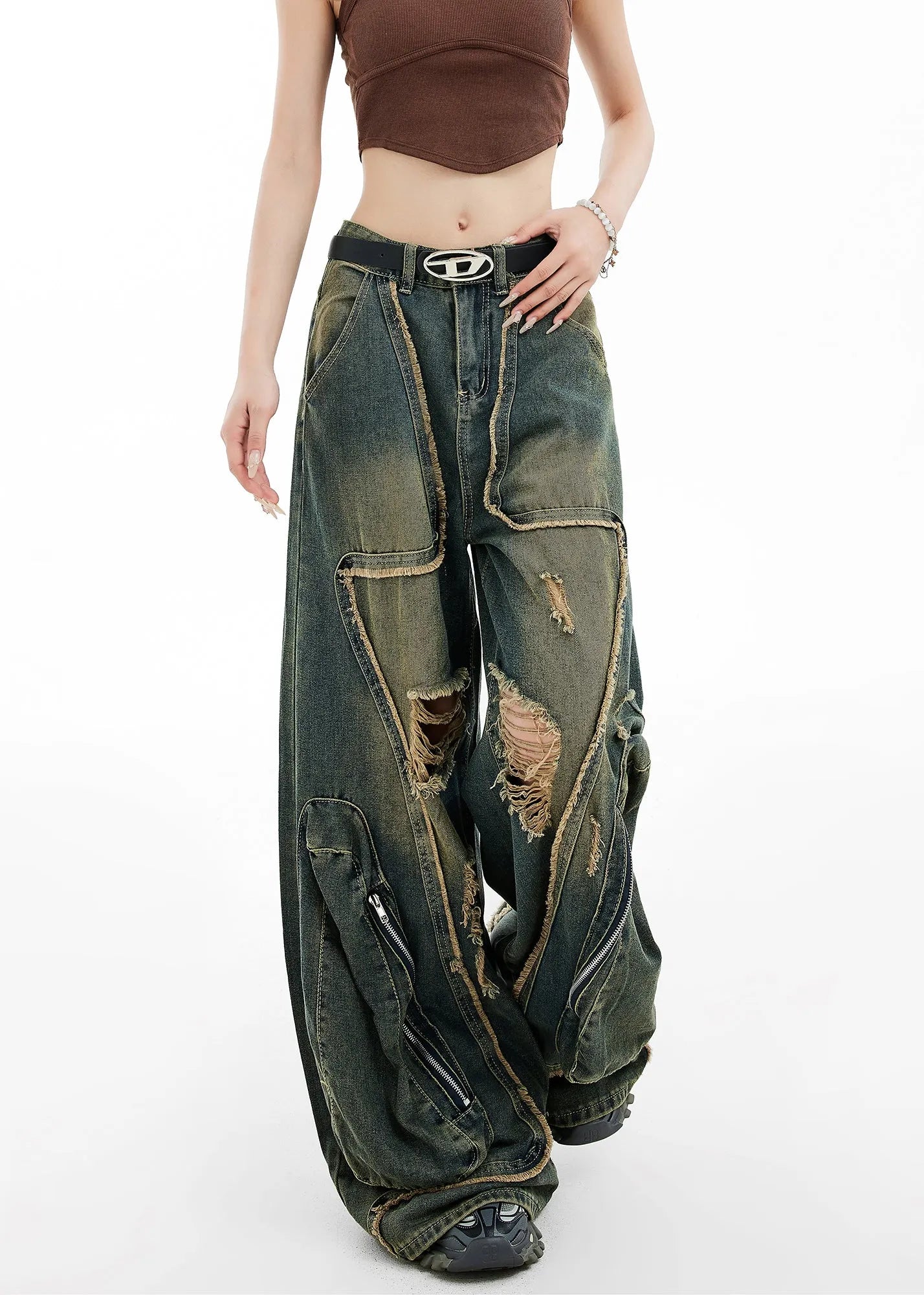 Style Blue Zip Up Pockets Ripped Denim Wide Leg Pants Fall
