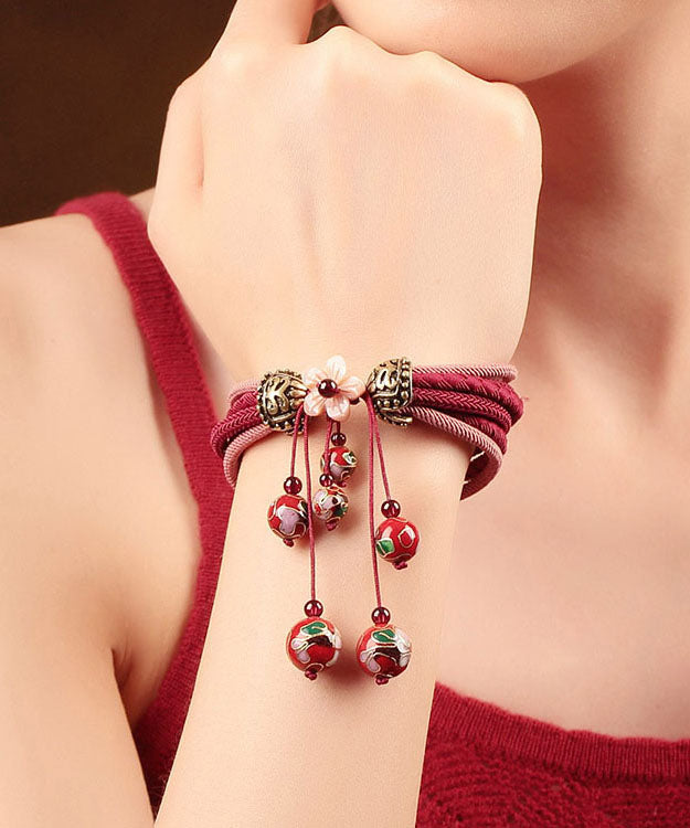 Red Hand Knitting Alloy Cloisonne Shell Flower Charm Bracelet