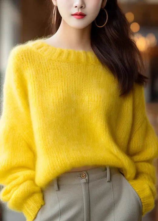 Simple Yellow O Neck Knit Sweater Winter