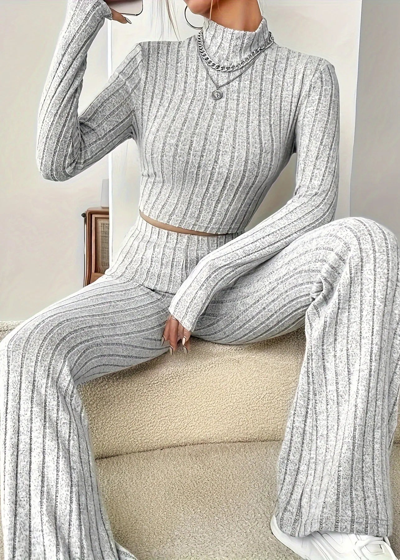 Stylish Light Grey High Neck Knit Two Piece Set Clothing Spring