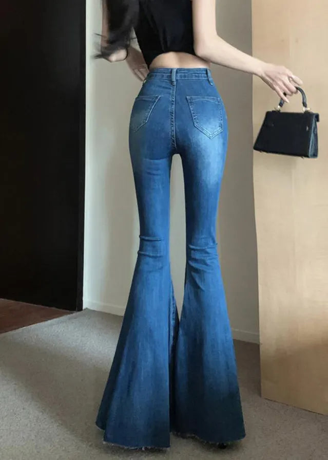 Navy Tummy Control Denim Bell-bottom Trousers Spring