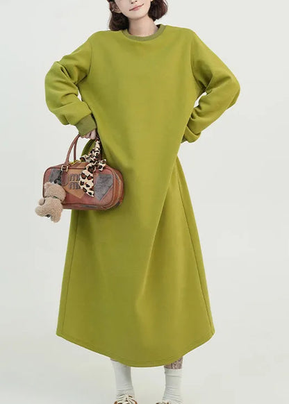Green O Neck Long Cotton Straight Dress Fall