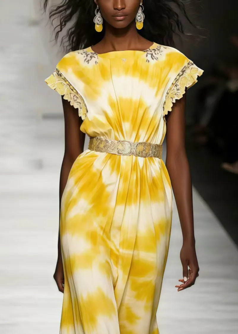 Yellow Tie Dye Chiffon Tunic Dresses Sleeveless