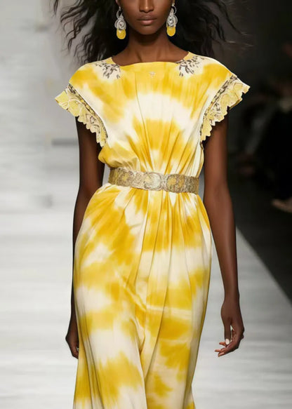 Yellow Tie Dye Chiffon Tunic Dresses Sleeveless