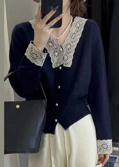 Apricot Button Lace Patchwork Cotton Knit Coats Fall