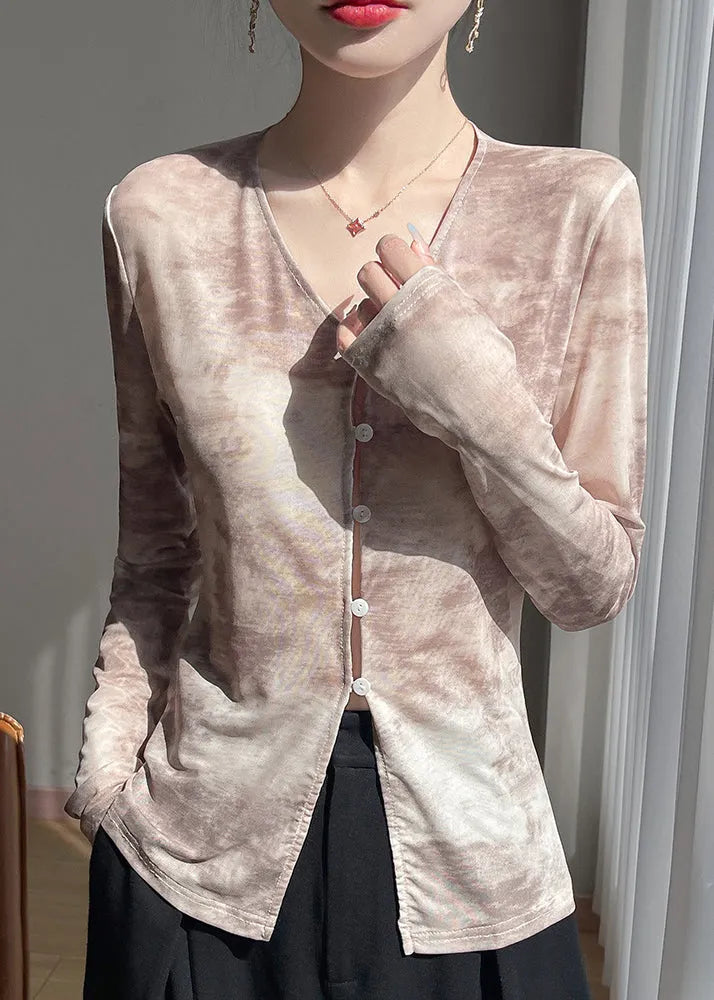 Khaki Button Print Tulle Fall T Shirts V Neck