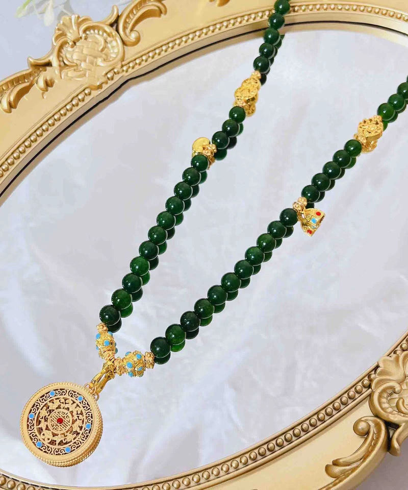 Simple Green Ancient Gold Beading Gem Stone Gratuated Bead Necklace