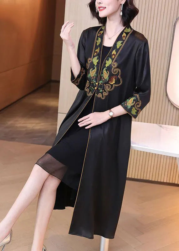 Black V Neck Print Draping Silk Long Cardigans Bracelet Sleeve