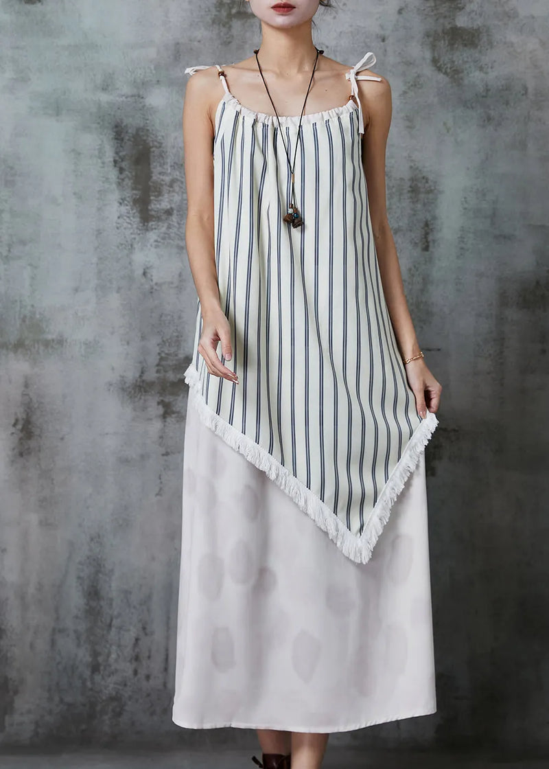 White Asymmetrical Patchwork Striped Summer Dress