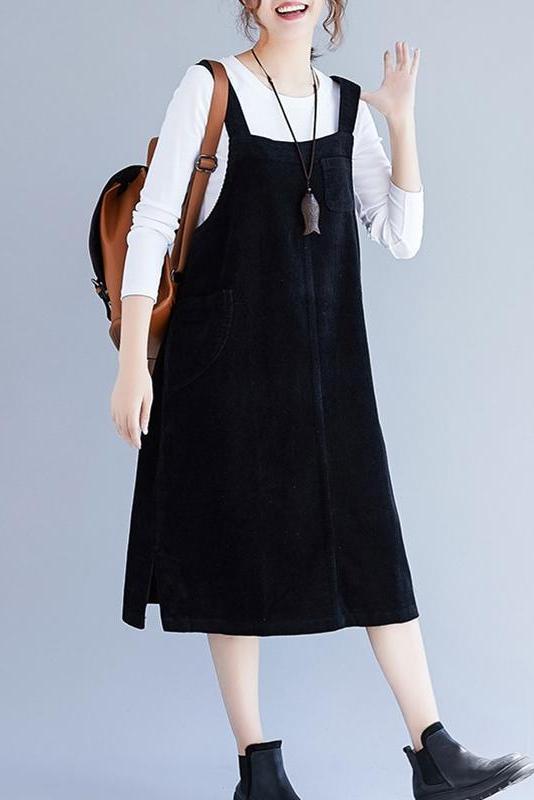 Loose Corduroy Suspender Skirt Outfits