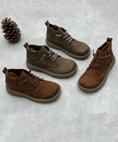 Grey Comfortable Cowhide Leather Splicing Lace Up Boots