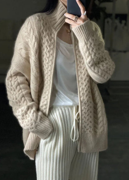 Diy Beige Zip Up Woolen Knitted Tops Coat Winters