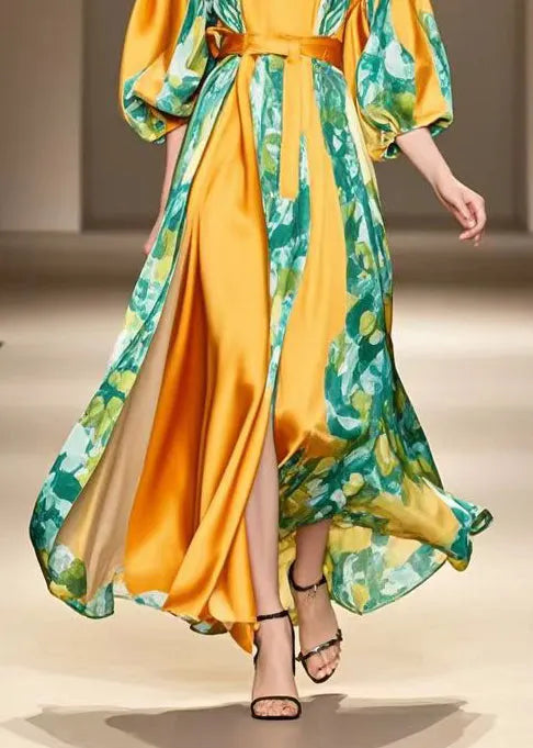 Orange Patchwork Silk Vacation Dresses Exra Large Hem Bracelet Sleeve