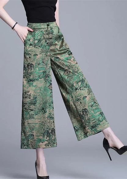 Green High Waist Print Silk Wide Leg Pants Summer