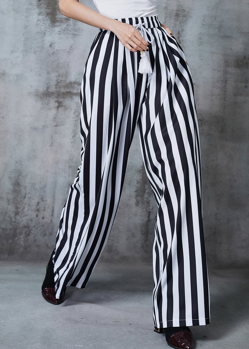 Black Tasseled Striped Cotton Straight Pants Summer