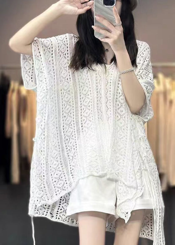 White V Neck Hollow Out Knit T Shirts Summer