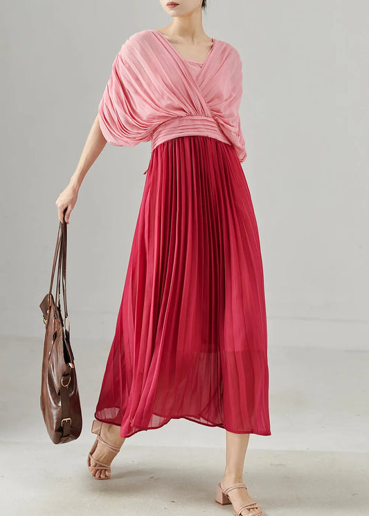 Italian Pink Patchwork Chiffon Pleated Dress Summer
