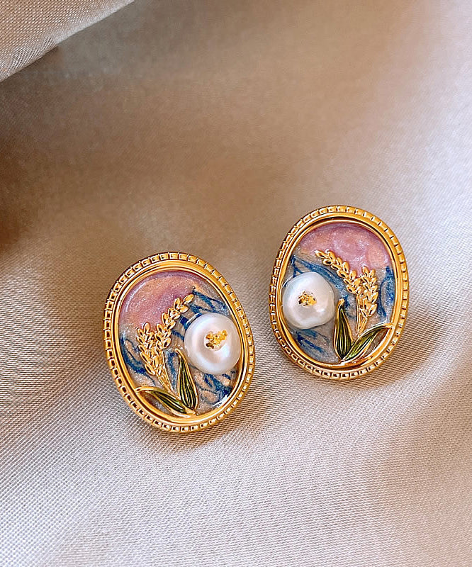 Gold Copper Alloy Pearl Enamel Stud Earrings