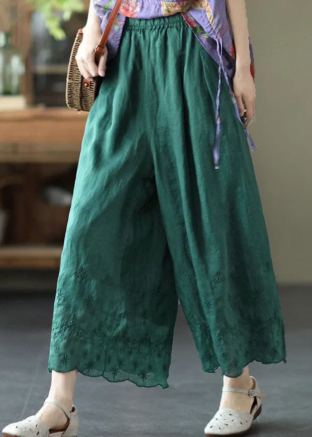 Green High Waist Linen Wide Leg Pants Embroidered Summer