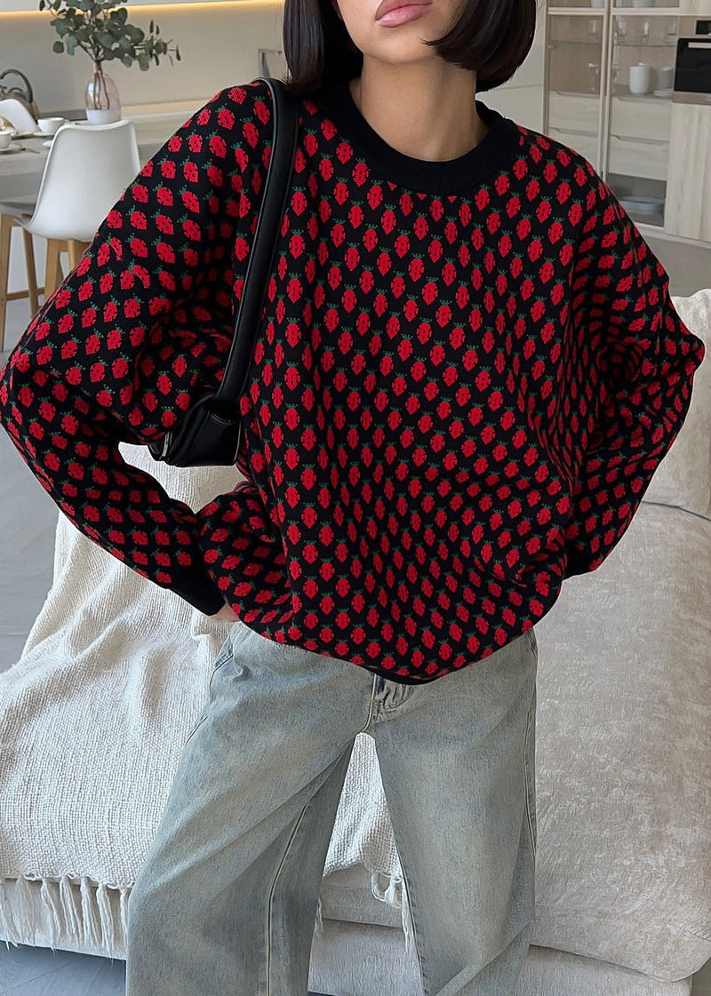 New Pink O Neck Jacquard Thick Knit Sweater Fall