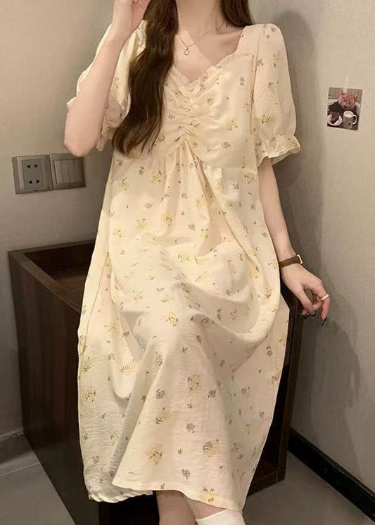Apricot Print Ruffled Cotton Pajamas Dress V Neck Summer