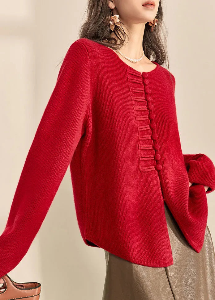 Chinese Style Red O-neck Button Cozy Cotton Knit Cardigans Spring