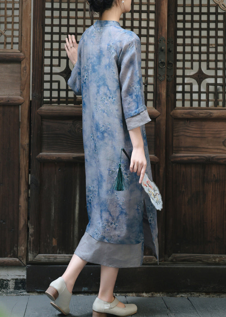Loose Green Stand Collar Print Linen Long Dress Spring