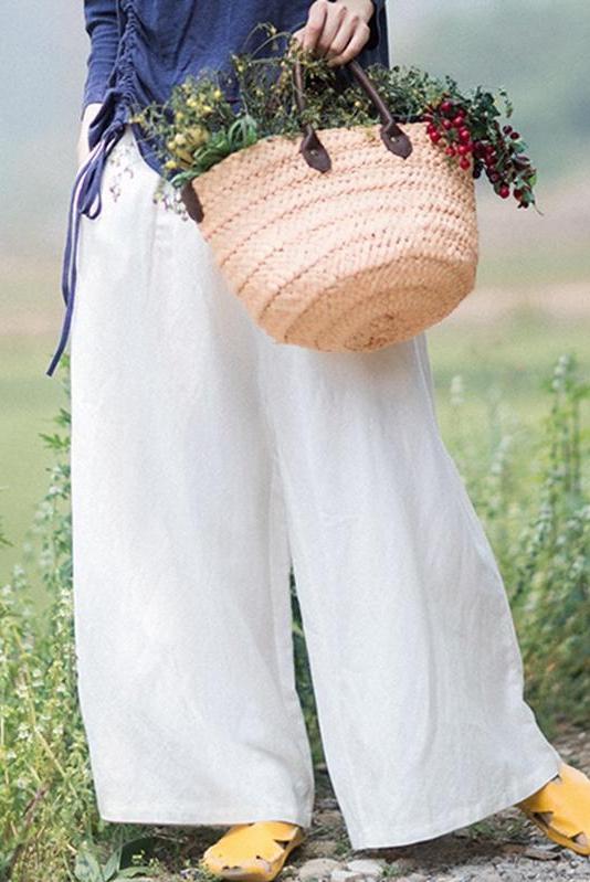 White Linen Elastic Waist Wide Leg Pants