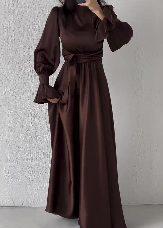 French Pink Tie Waist Slim Fit Puff Sleeve Silk Dresses